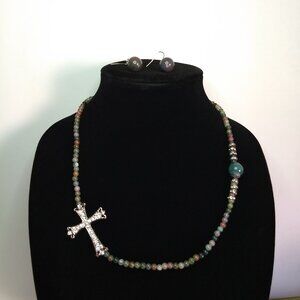 Stone Bead Necklace Multicolor Cross Silver Tone White Rhinestone Dandle Earring